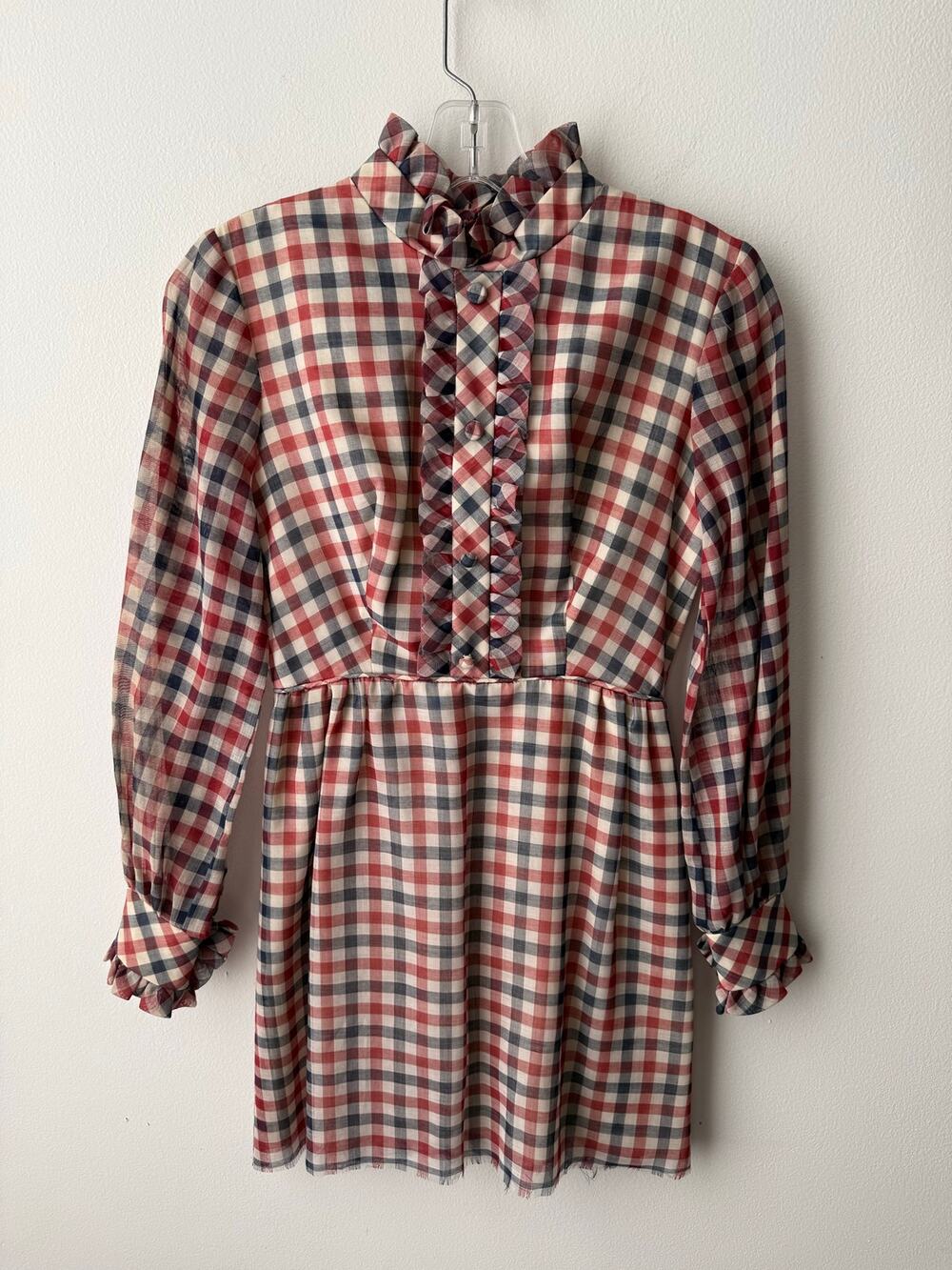 Vintage 70s Gingham Ruffle Dress Handmade Cottage Prairie Twee Clown Coquette XS